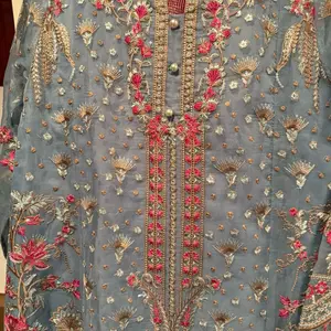 3 pcs Organza Shirt Dupatta with Trousers suit Featuring Elegant Floral and Embroidered Designs
