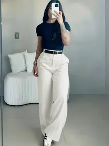 Women's High-Waisted Wide-Leg Pants, Casual Elegant Office Pants, Casual High Rise, Solid Color Loose Straight Leg, Soft Comfortable Daily Wear, Spring Fall Fashion