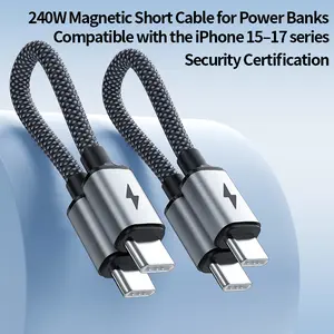 240W magnetic emergency charging cable, short cable for power banks, 0.65 ft, Type‑C to Type‑C compatible with iPhone, Samsung, Huawei series phones, portable charger data cable, available in packs of 1, 2, 3, or 4, magnetic design