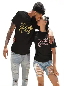 [Couple Matching King Queen Tee] Couple Shirt For Him And Her Couple Crewneck Outfit King And Queen Tshirt Husband And Wife Shirt 1 Piece Couples Matching Shirts For Him And Her Men Women King Queen Print Valentine's Day Short Sleeve Couple T-Shirt