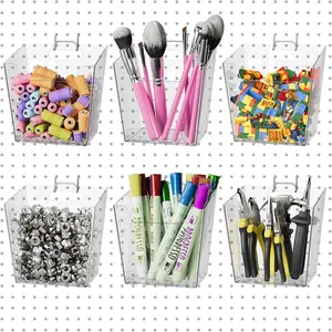 Large Pegboard Cups Peg Board Storage Bin 6 Pack with Hooks, Square Box Shape Pegboard Cup Holder Accessories for Garage Workbench/Craft Room/Office/Playroom/ Kitchen Organization (Clear)