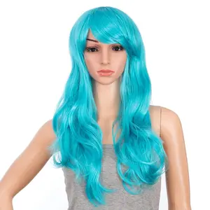 26-Inch Long Curly Wave  Synthetic Wig Colored Hair  for Women with Wig Cap (Teal Blue)