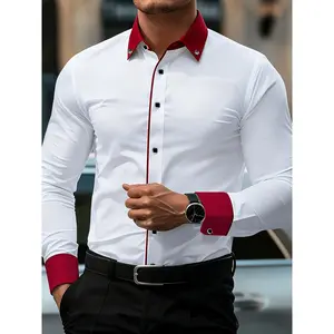 Men's Luxury Colorblock Business Shirt, Long Sleeve Iron-Free Slim Fit, Collar Lapel Formal Dress Shirt, Casual All Seasons