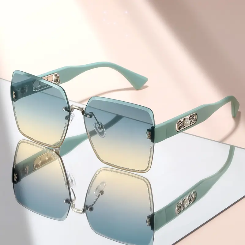 Unisex Fashion Square Frameless Glasses, Casual Rhinestone Trim Square Sunglasses, Floral Decorated Temples, Daily Use, Stylish Accessory, Trendy Casual Sunglasses, Modern Trendy Sunglasses, Trending Glasses