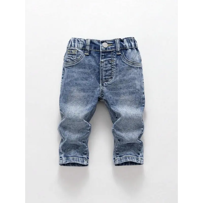 2026 Spring New Arrival Baby Boy Blue Stretch Jeans - Baby Clothing, Boy Clothes, Mid-Waist, Elastane Fabric, Zippers, Button Closure, Comfortable Casual Versatile Pants for Infants & Toddlers