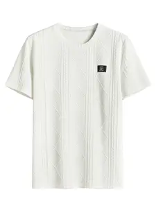 Men's Textured Plaid Short Sleeve Round Neck Shirt, Summer Breathable Comfort, Pure Color, Diamond Geometric Pattern, Casual Wear