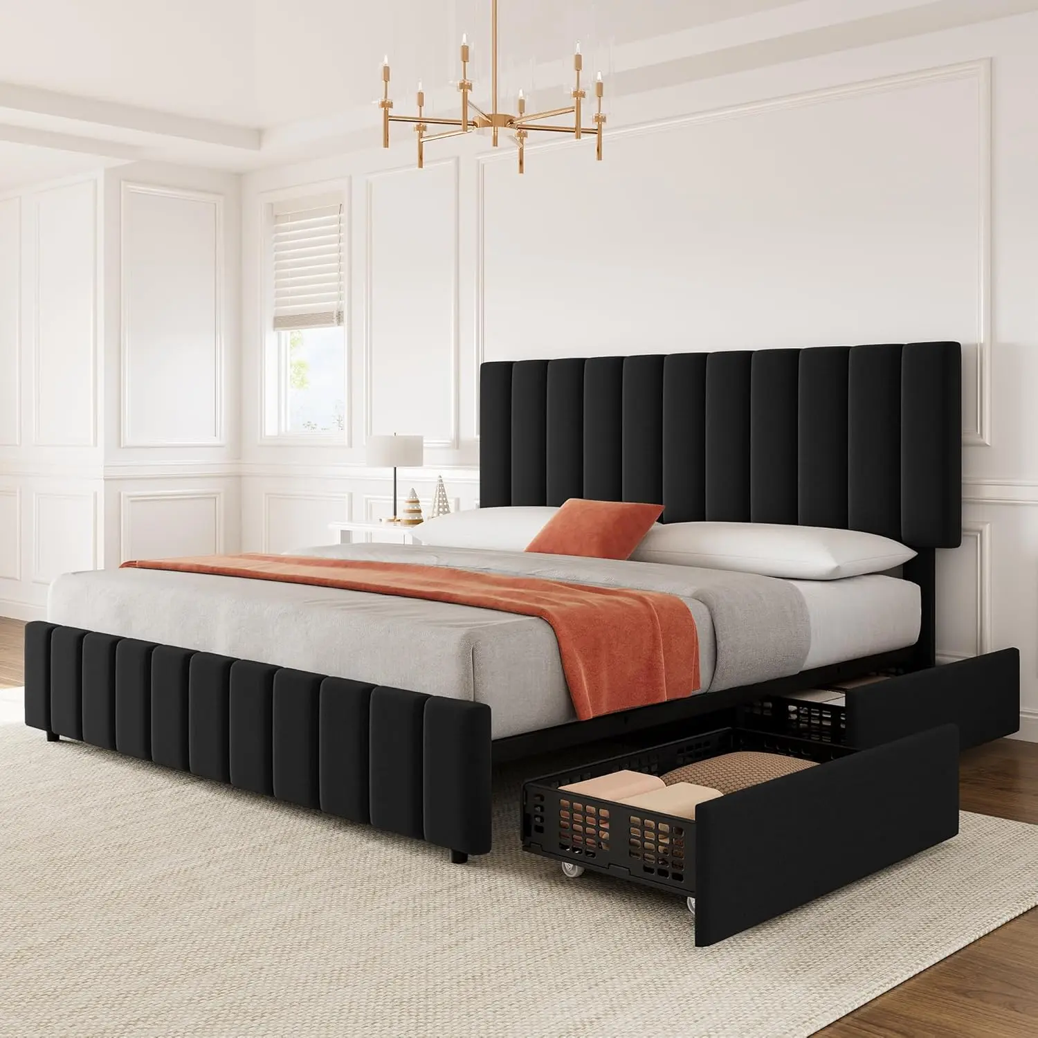 Contemporary Upholstered Full Linen Platform Bed Frame with Adjustable Height Headboard, 4 Storage Drawers, Wooden Slats Support, No Box Spring Needed, Black, Contemporary Upholstered Bed, Upholstered Bed Frames, Adjustable Bed Frames