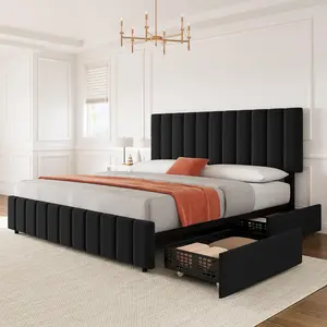 Modern Upholstered King Size Bed Frame, Linen Upholstered Bed with 4 Storage Drawers, Adjustable Headboard, Wooden Slats Support, No Box Spring Needed, Black, Modern Upholstered Bed, Bed Frame King Size