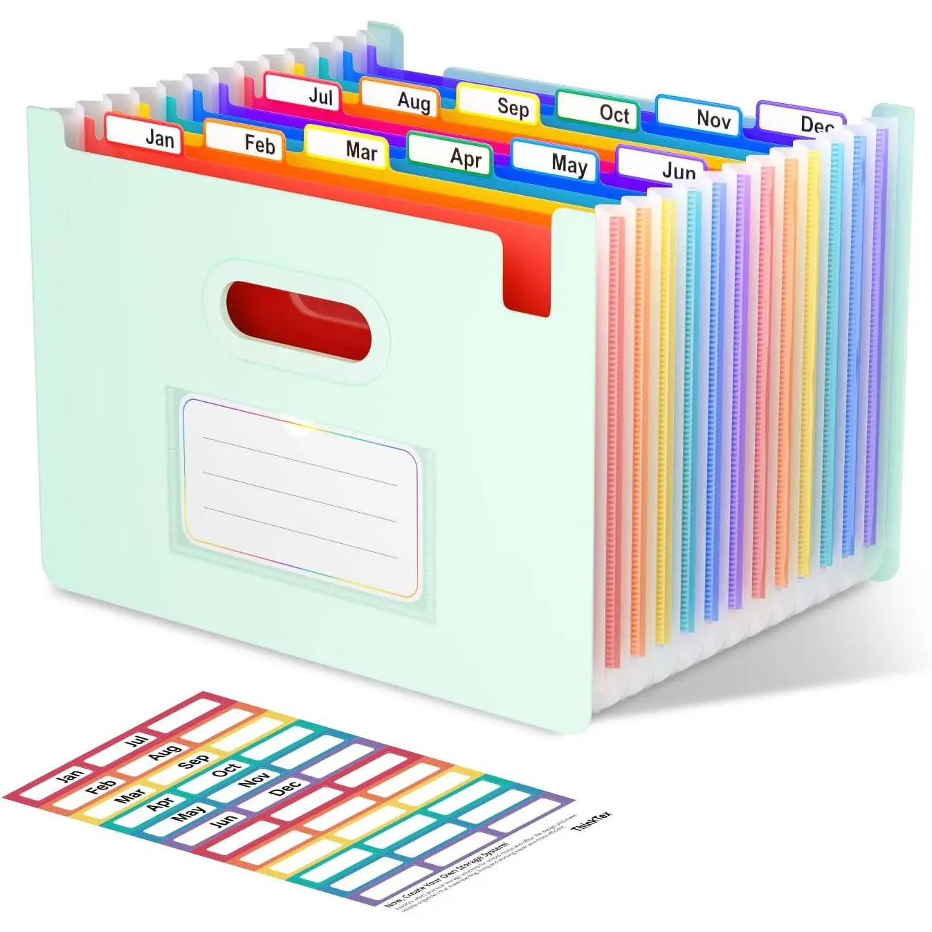 Sage Green 12-Pocket Expandable Accordion File Organizer with Free-Standing Upright Stand, Open Top, Colorful Tabs, Elastic Strap for Compression, Large Capacity, Fits Letter/A4 & Legal File Cabinet Sizes for Office Use, Family