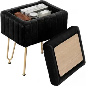 16 Inch Storage Ottoman Stool, Faux Fur Footrest with Hidden Storage, Small Rectangular Footstool with Metal Legs, Soft Padded Vanity Stool for Living Room Bedroom