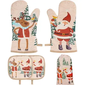 Cute Christmas Oven Mitt Set, 5-Piece Joyful Christmas Oven Mitt and Pot Holder Combo, Heat-Resistant Oven Mitts and Pot Holders, Kitchen Cooking and Baking Specialized Oven Mitts and Pot Holders