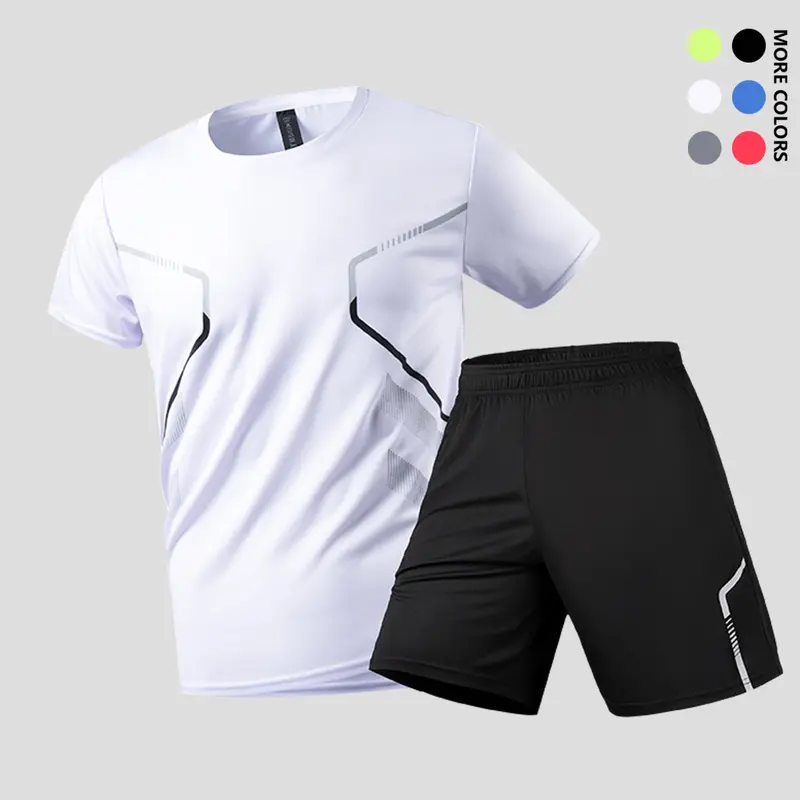 Men's Fitted 2-Piece Geometric Athletic Basics Spring-Summer Running Set - Polyester Sweat-Wicking Top, Shorts, Breathable Quick-Dry Tshirt - Ideal for Gym Workouts, Outdoor Hiking