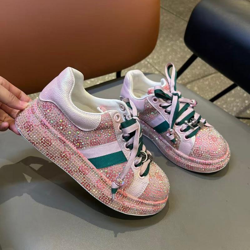 Glittery Pink Low - Top Sneakers for Women Women's Shiny Pink Platform Casual Shoes Stylish Pink Glitter Platform Women's Sneakers Girl Trainer Girl Girl Trainer Runner Athletic Training Footwear Closed Running