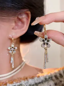 Sparkling Rhinestone Flower Earrings, Sweet Fine Diamond Earrings, Long Tassel Ear Studs, Unique Design, Perfect for Street Style Photos
