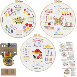 Embroidery Kit for Beginners,3 Packs Practice Tool for Adults,Learn 30 Basic Stitches,DIY Hand Sewing , Stitch Starter Kits with Hoop  Instruction and Threads