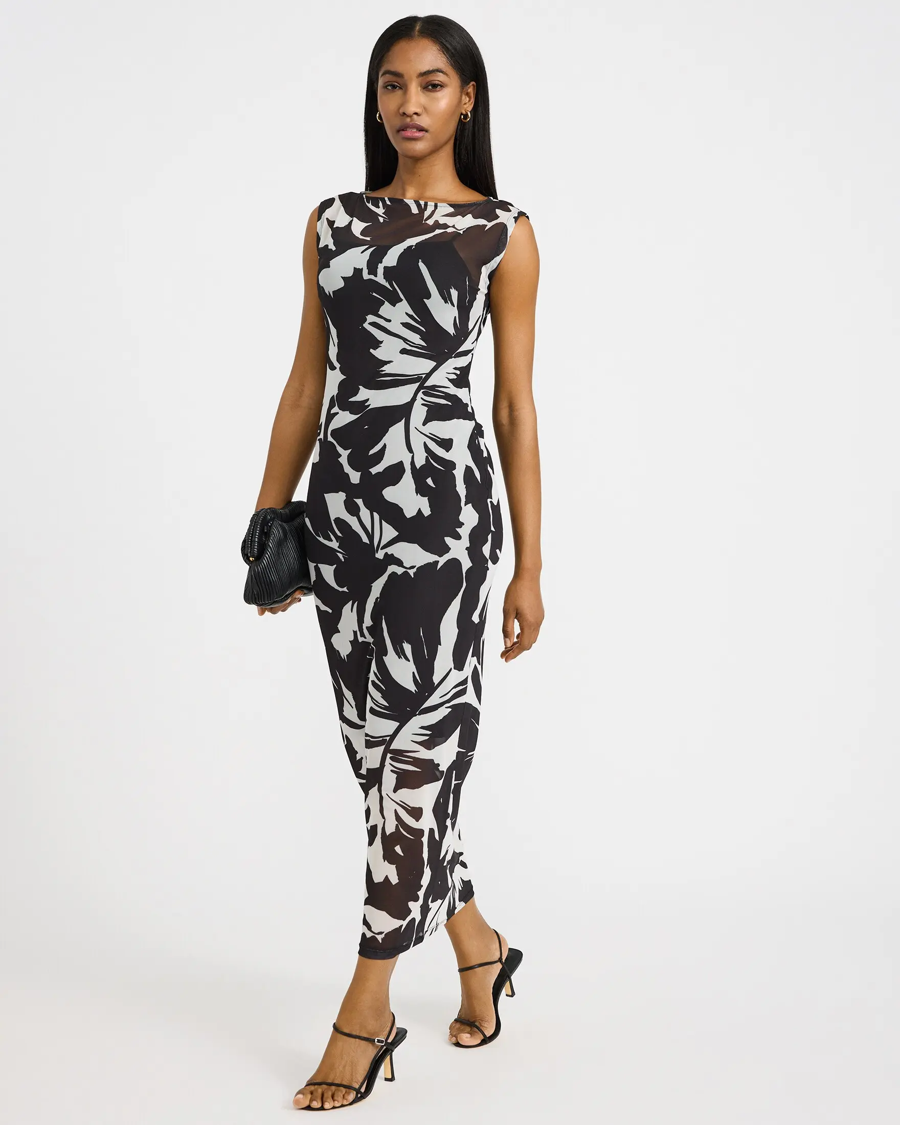 Express Women's Boat Neck Sleeveless Spandex-Polyester Blend Mesh Knee Length Maxi Dress - B&W Print, Easy Pull-On Styling, Strappy, Lined, Machine Washable Wedding Guest Dress