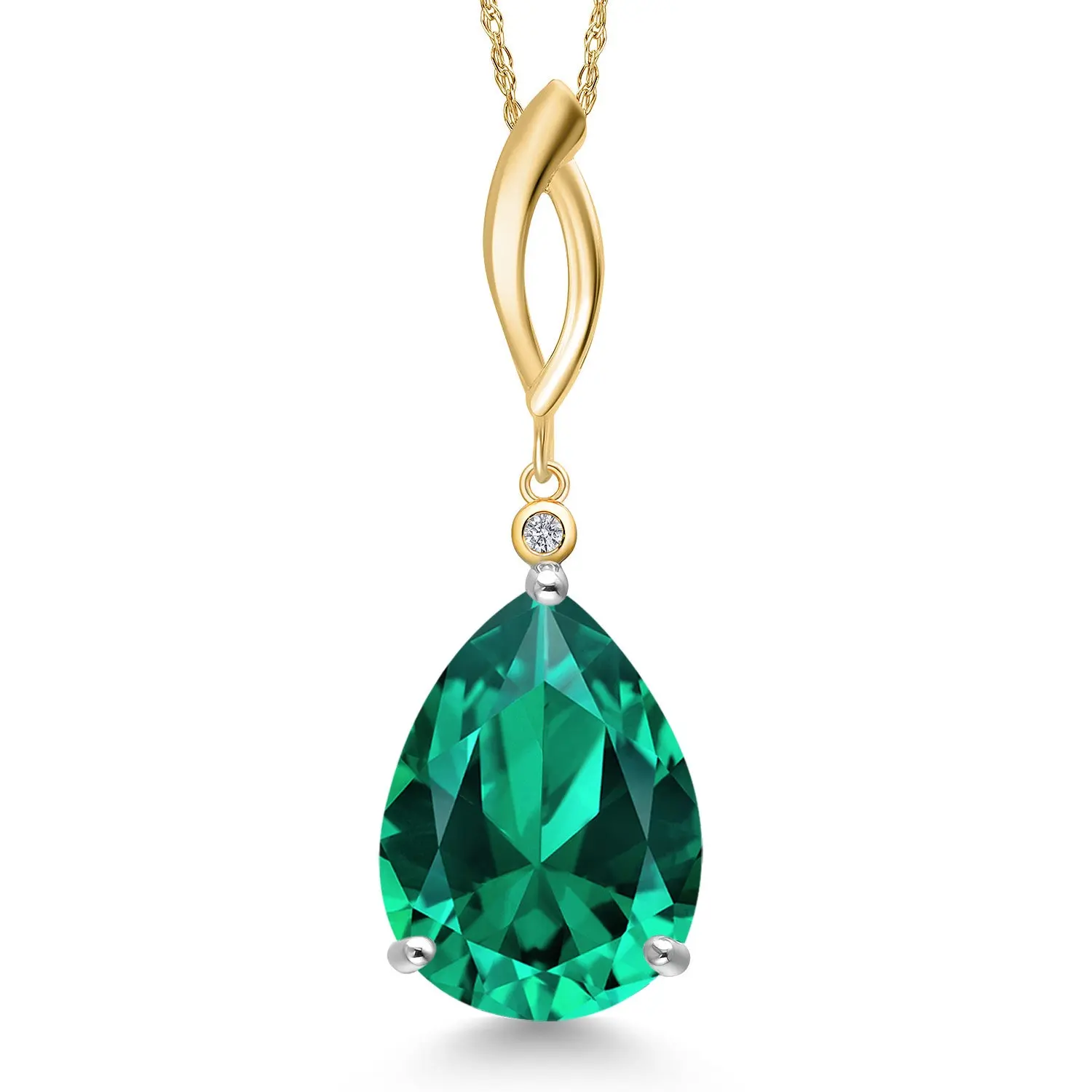Gem Stone King 925 Silver and 10K Yellow Gold Green Nano Emerald and Lab Grown Diamond Pendant Necklace for Women | 8.27 Cttw | Gemstone May Birthstone | Pear Shape 16X12MM | With 18 Inch Chain
