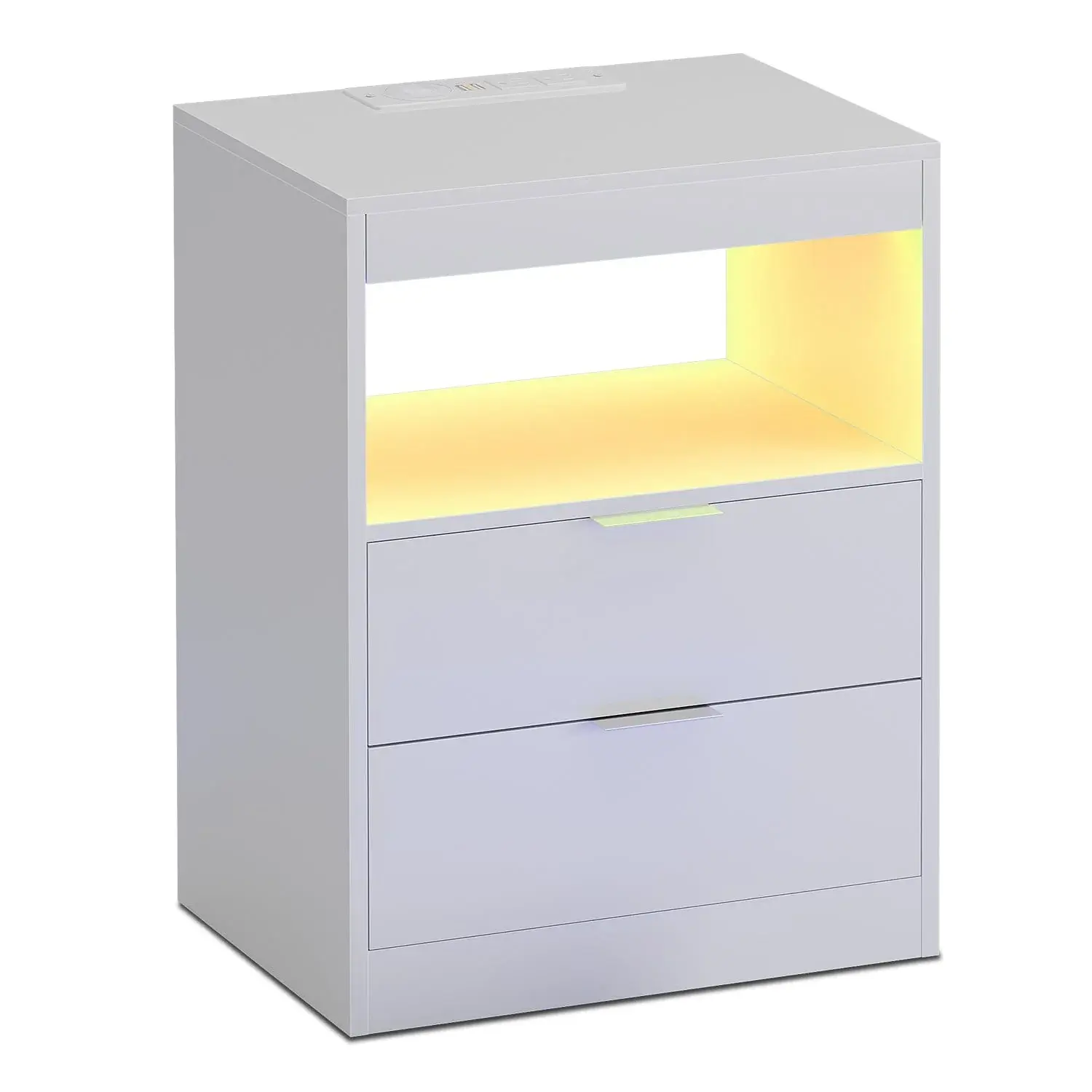 SIKAIC Modern LED Nightstand Table - White Indoor Contemporary Drawer-Equipped Flat-Top Dual-Use Bedside Cabinet with Wireless Charging Station, USB Ports, Lighted Vanity Desk Function, Contemporary Bedside Tables, Drawer-Equipped Bedside Tables