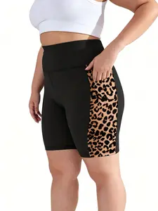 High Waist Leopard Print Biker Shorts, Color Block Workout Shorts with Side Pockets, Tummy Control Butt Lifting Yoga Shorts