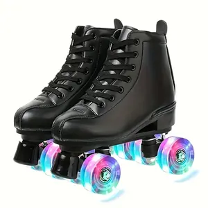 [4 Wheels Roller Skates] Double Row, 4 Wheels, Black with Rainbow LED Lights Youngsters' High-Top Lace-Up Roller Skates | Durable PU Upper & EVA Insole, Rubber Sole - Perfect for Beginners, Boys & Girls