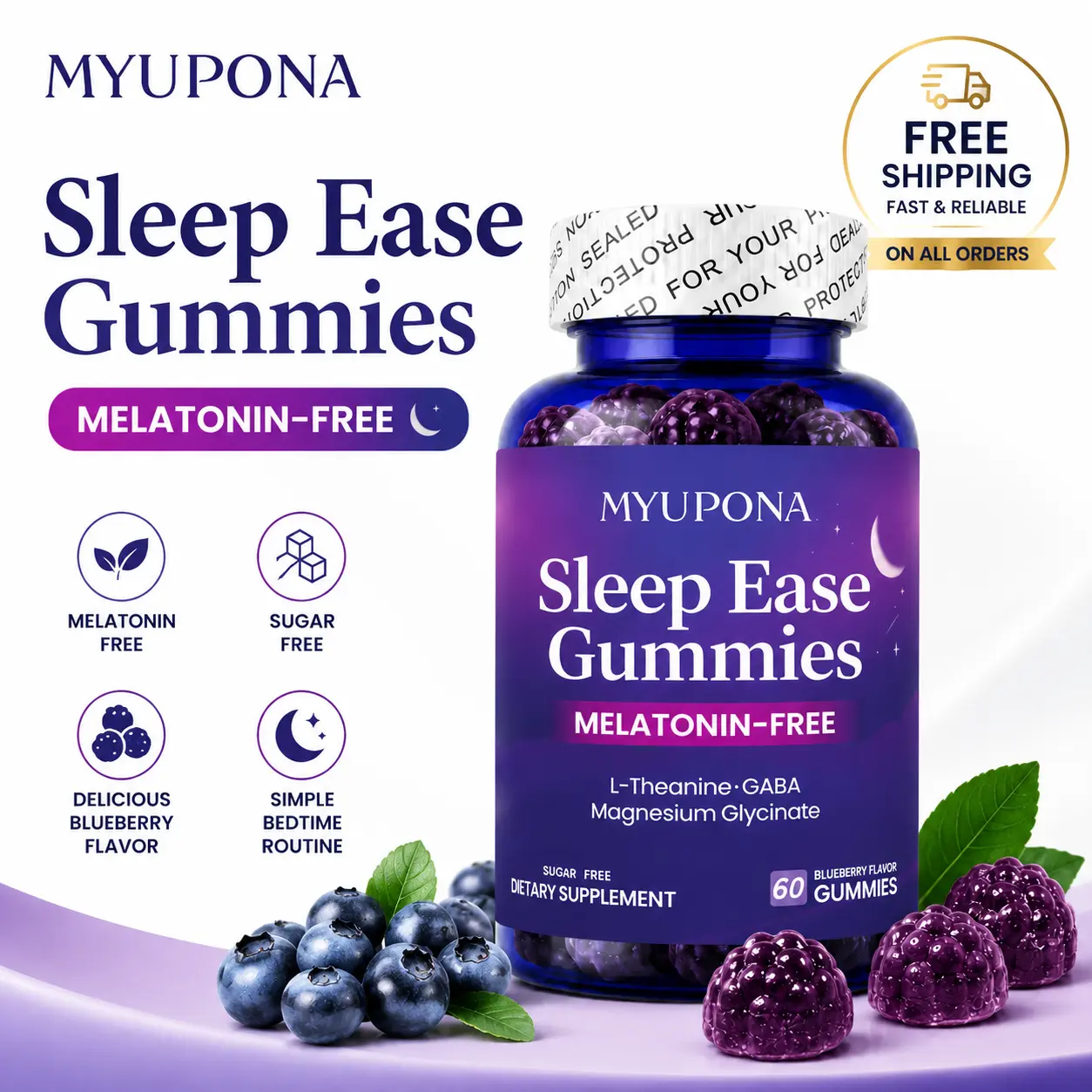 MYUPONA Sleep Ease Melatonin-Free Sleep Gummies for Adults, Sugar-Free Bedtime Relaxation, 60 Gummies