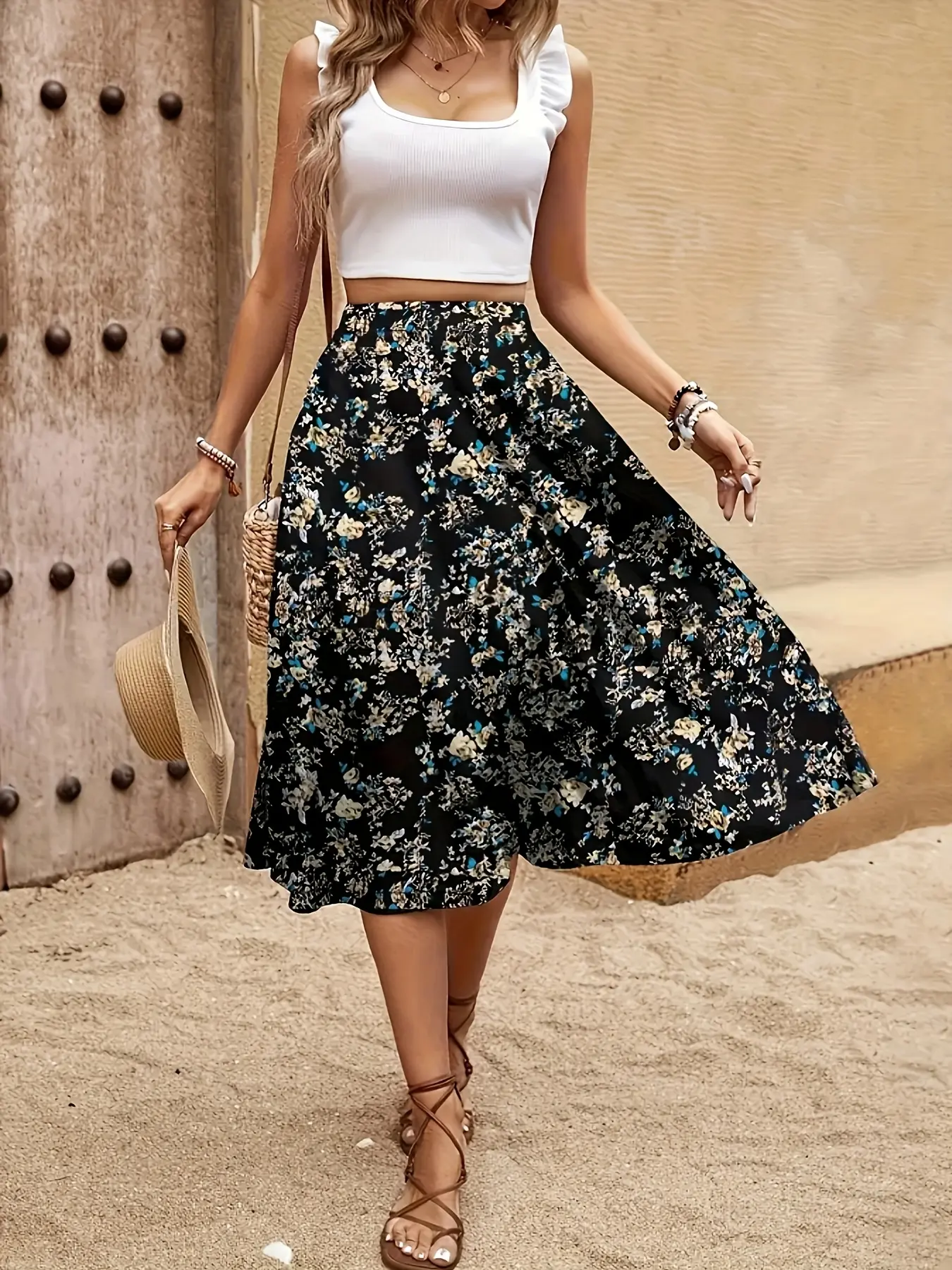 Elegant Plus Size Women's Floral Printed Casual Skirt, Fashionable Half-Length Skirt for Daily Wear, Stylish Ladies' Clothing
