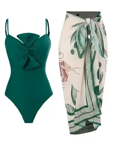 Emerald Knot Swimsuit & Cover Up Set - Women's One Piece Bathing Suit with Wrap Skirt - Vacation Beach Swimwear - Artistic Print, Flattering Fit