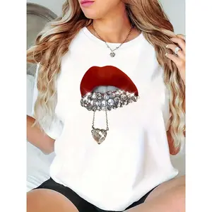 Women’s White Graphic T-Shirt with Red Lips, Rhinestone Detailing & Heart Charm – Casual Date Night, Valentine’s Day Fashion Top 100% Cotton T-shirt