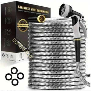 Metal Garden Hose 50FT, Heavy Duty 304 Stainless Steel Water Hoses with Nozzle, Flexible, Lightweight, Rust Proof, No-Kink & Tangle for Yard, Outdoor, RV