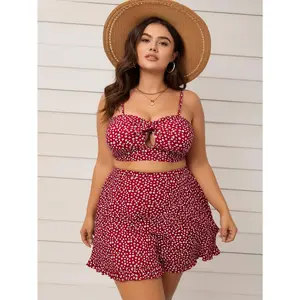 Women's 2026 New 2-Piece Curvaceous Floral Size-Inclusive Bikinis Set - Red Ditsy Floral Print, Twist Front Cut Out Swimwear Top, Ruffled Skirt, Mesh Accent, Crystal Details, Beach Style, Chic Design, Sport Bra Fit
