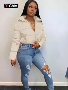 Women's Plain Pocket Full Cropped Winter Coat Jackets, Warm Comfy Long Sleeve Zipper Puffer Coat Outerwear for Fall & Winter, for Daily Streetwear Casual, Winter Clothes Women Womenswear, Please Purchase A Size Up