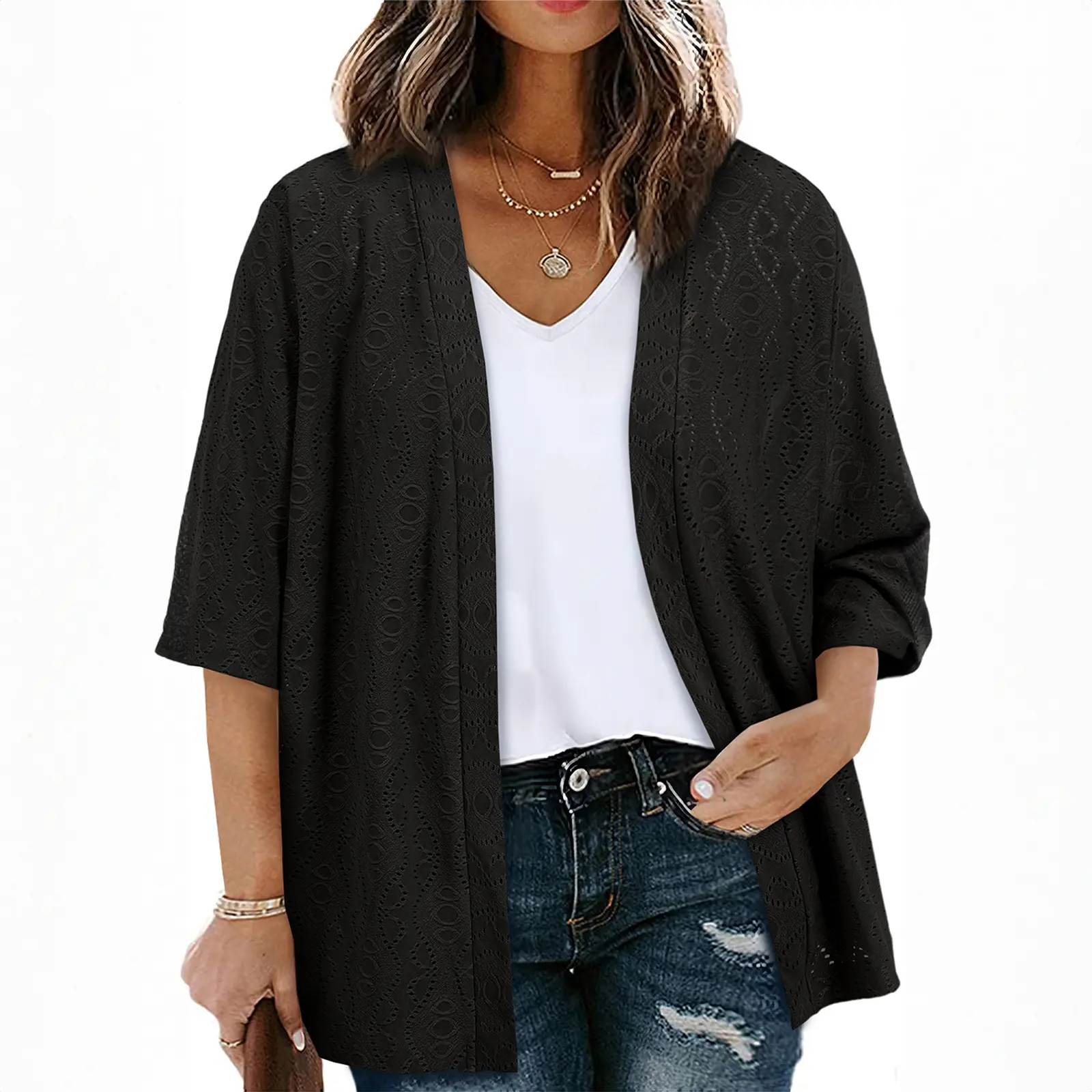 Eytino Plus Size Cardigan for Women Half Sleeve Knitted Jacquard Summer Kimono Cover up Tops(1X-5X) Eytino Plus Size Cardigan for Women Half Sleeve Knitted Jacquard Summer Kimono Cover up Tops(1X-5X)