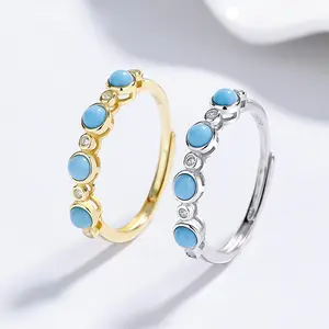 925 Sterling Silver Turquoise Ring for Women, Adjustable Open Band with Zircon, Minimalist Luxury Jewelry Perfect Birthday Gift