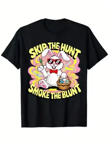 Men's Funny 420 & Easter Two-Faced Novelty T-Shirt - Skip The Hunt Smoke The Blunt Bunny & Egg Basket Graphic, Casual Adult Top for 420 Parties & Easter Celebrations