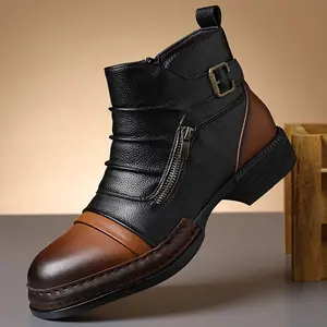 Men’s retro biker-style short boots — two-tone distressed patchwork denim fashion boots with metal buckle accents