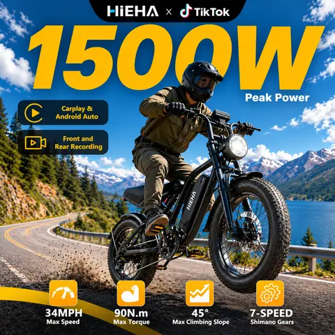 【Hieha】1500W E-Bike 2.0 :CarPlay & AndroidAuto| Dual Dash Cameras (Front & Rear)|App Control|FullSuspensionTop Speed 34MPHRange 40+ Miles | 48V RemovableBatterylLED Headlights 20-InchAll-Terrain Fat Tires lUL2849Certified ebike