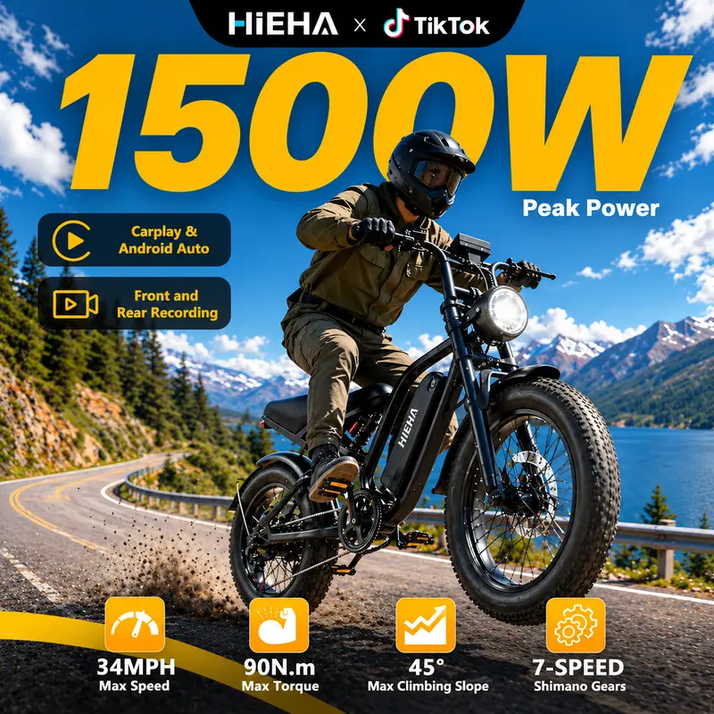 【Hieha】1500W E-Bike 2.0 :CarPlay & AndroidAuto| Dual Dash Cameras (Front & Rear)|App Control|FullSuspensionTop Speed 34MPHRange 40+ Miles | 48V RemovableBatterylLED Headlights 20-InchAll-Terrain Fat Tires lUL2849Certified ebike