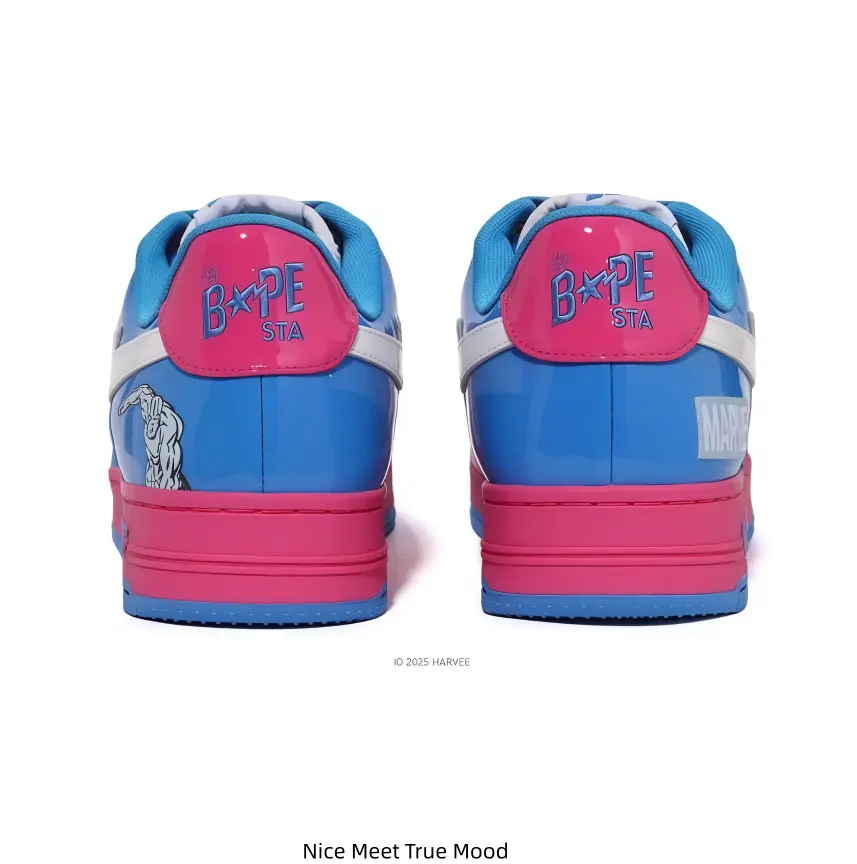 Glossy Pink Blue Color Block Star Low-Top Skate Sneakers, Hip Hop Street Style Lace-Up Thick Sole Casual Shoes, Fashion Daily Walking Footwear for Unisex