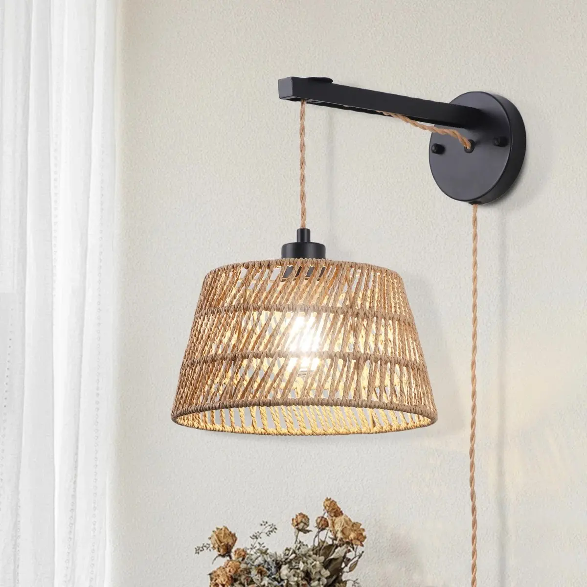 Modern Bohemian Style Indoor Farmhouse Rustic Style Rattan Lighting Wall Lamp for Bedroom Living Room Dining Room (Bulb Included)