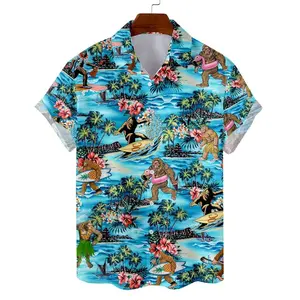 Bigfoot Hawaiian Shirt Classic Menswear, Sasquatch Button Collared Shortsleeve Aloha Top, Casual Graphic Stylish Tropical Streetwear Polyester