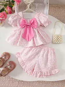 Cute Baby Girl Ruffled Sleeve Blouse with Big Bow and Lace Shorts Set, Perfect for Spring Summer Outdoor Casual Wear