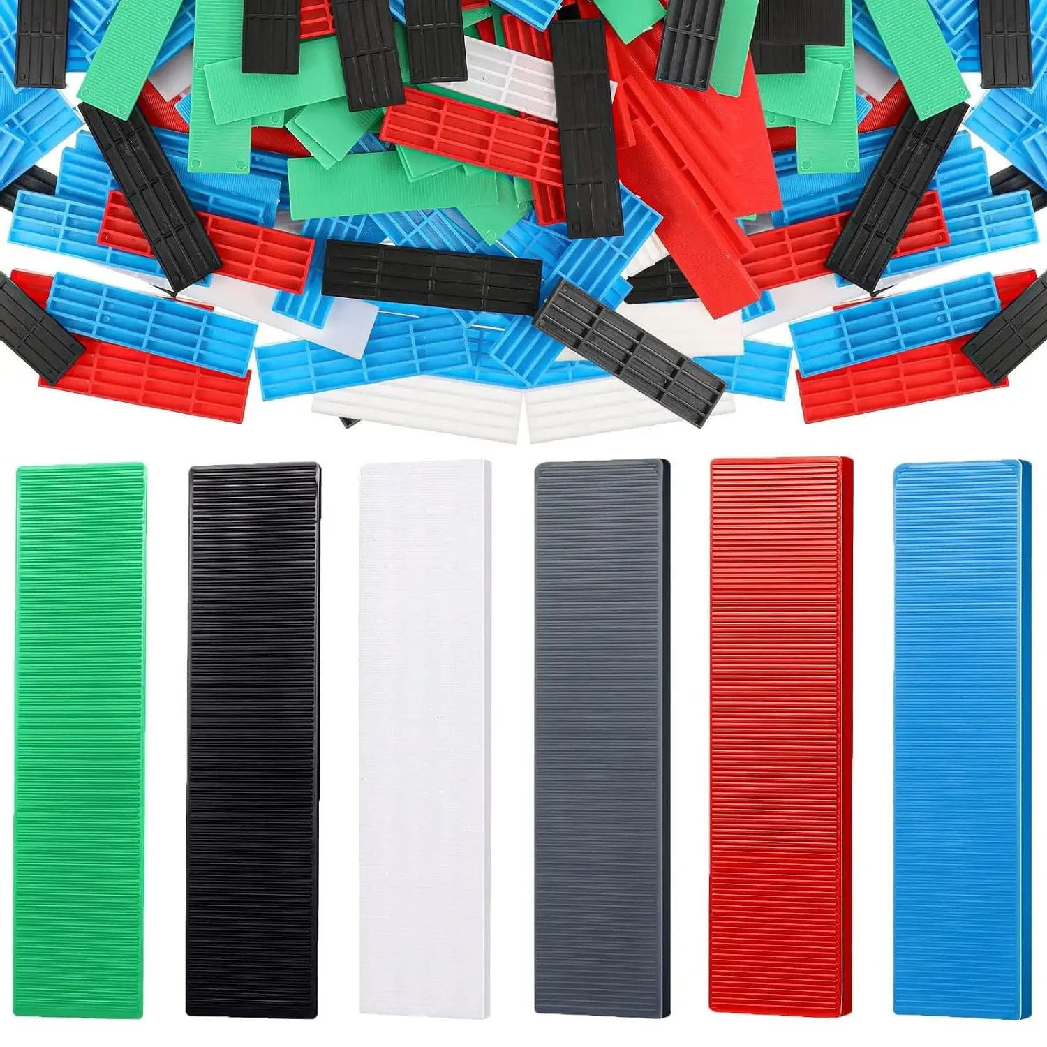 300 Pcs Composite Plastic Flat Shims for Leveling Structural Tile Plastic Flat Spacers Black Green White Grey Blue Red 3/64 5/64 1/8 5/32 13/64 15/64 Inch