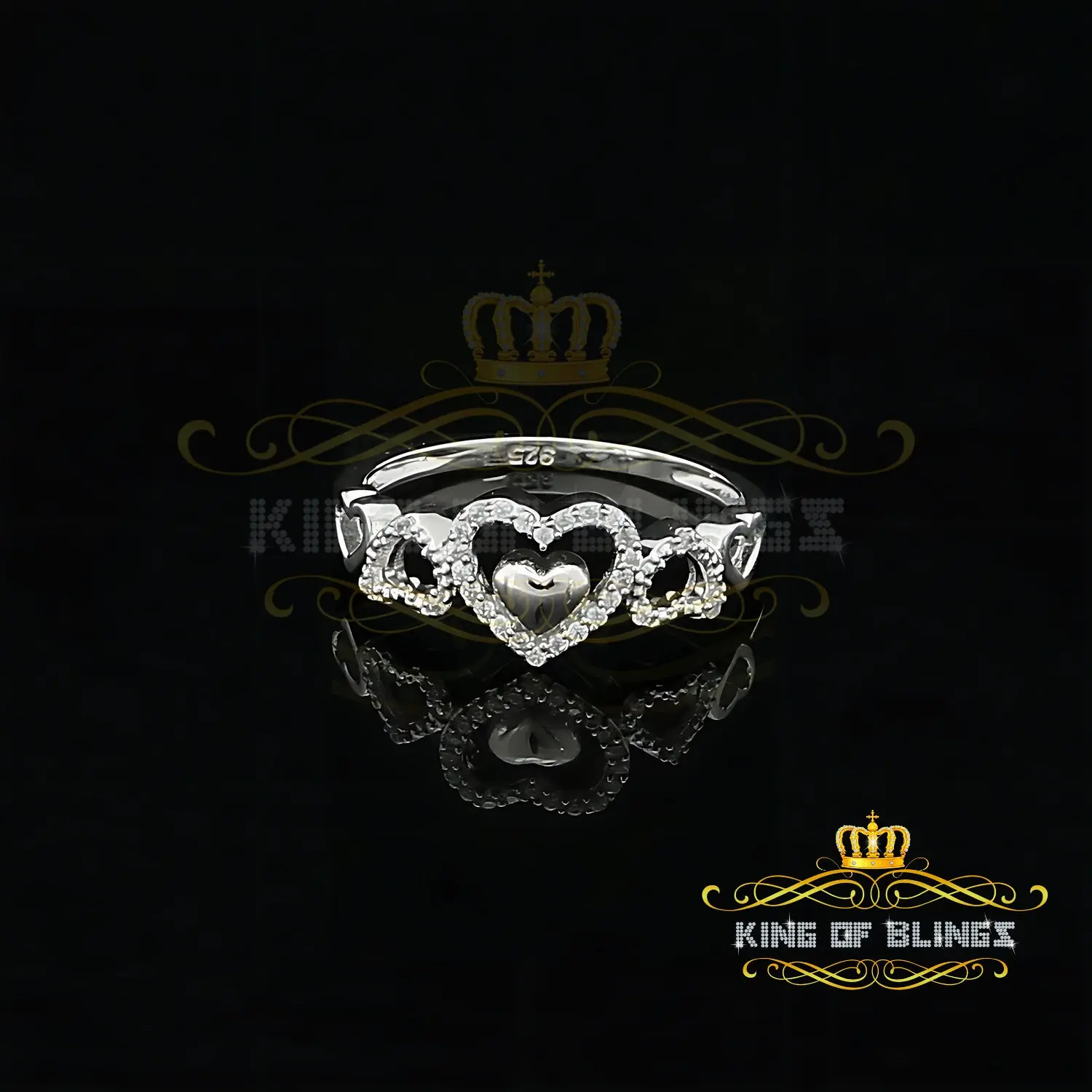 King Of Bling'sSterling White Silver 0.25ct Cubic Zirconia Fashion Heart Womens Ring Size 6.5