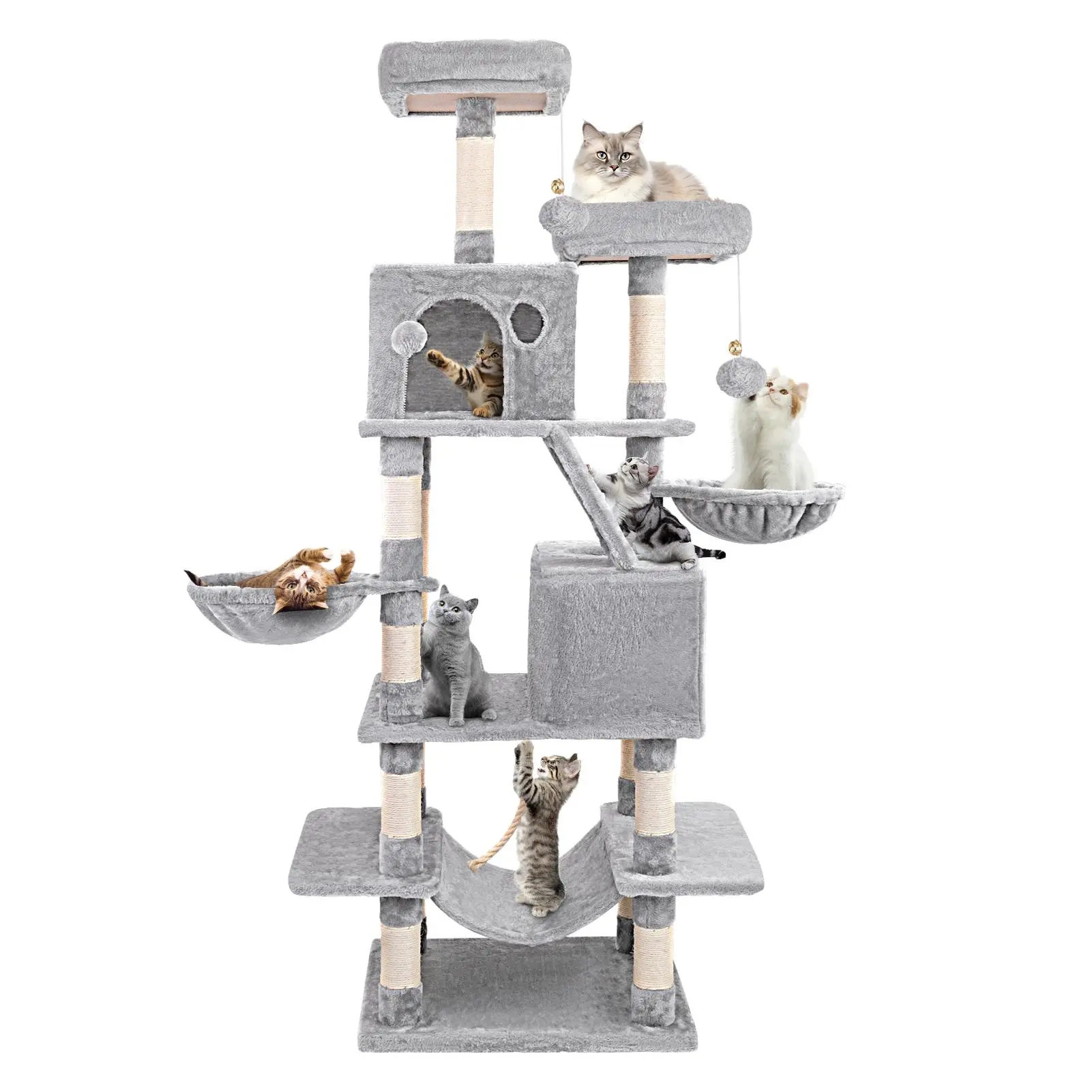 Cat Tree, 67-Inch Tall Tower for Indoor Cats with 2 Perches, 2Big Condos, 2 Hammocks, Basket, Scratching Pad, Large CatFurniture and Condo, Light Gray