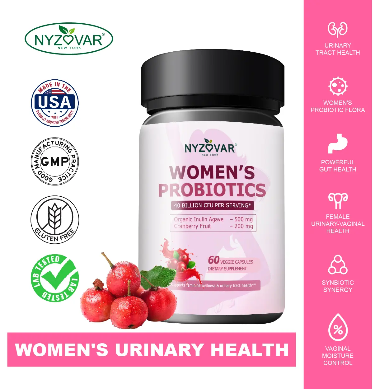 NYZOVAR Vaginal Probiotic – Odor Control, pH Balance, Daily Feminine & Gut Health Support with Cranberry and Prebiotics for Women, Made in USA