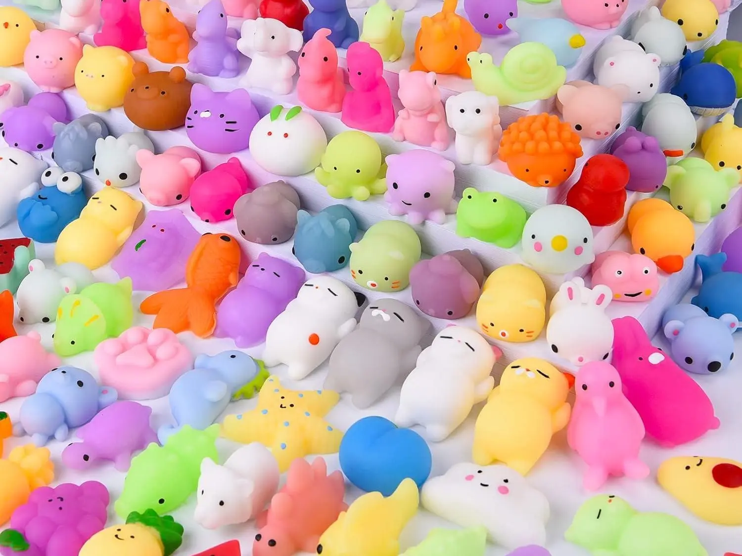 100 Pack Kawaii Mochi Squishy Toys, Mini Squishy Fidget Toys for Kids, Sensory Stress Relief Squeeze Toys, Party Favors, Classroom Prizes, Treasure Box Rewards, Goodie Bag Stuffers, Storage Container Included