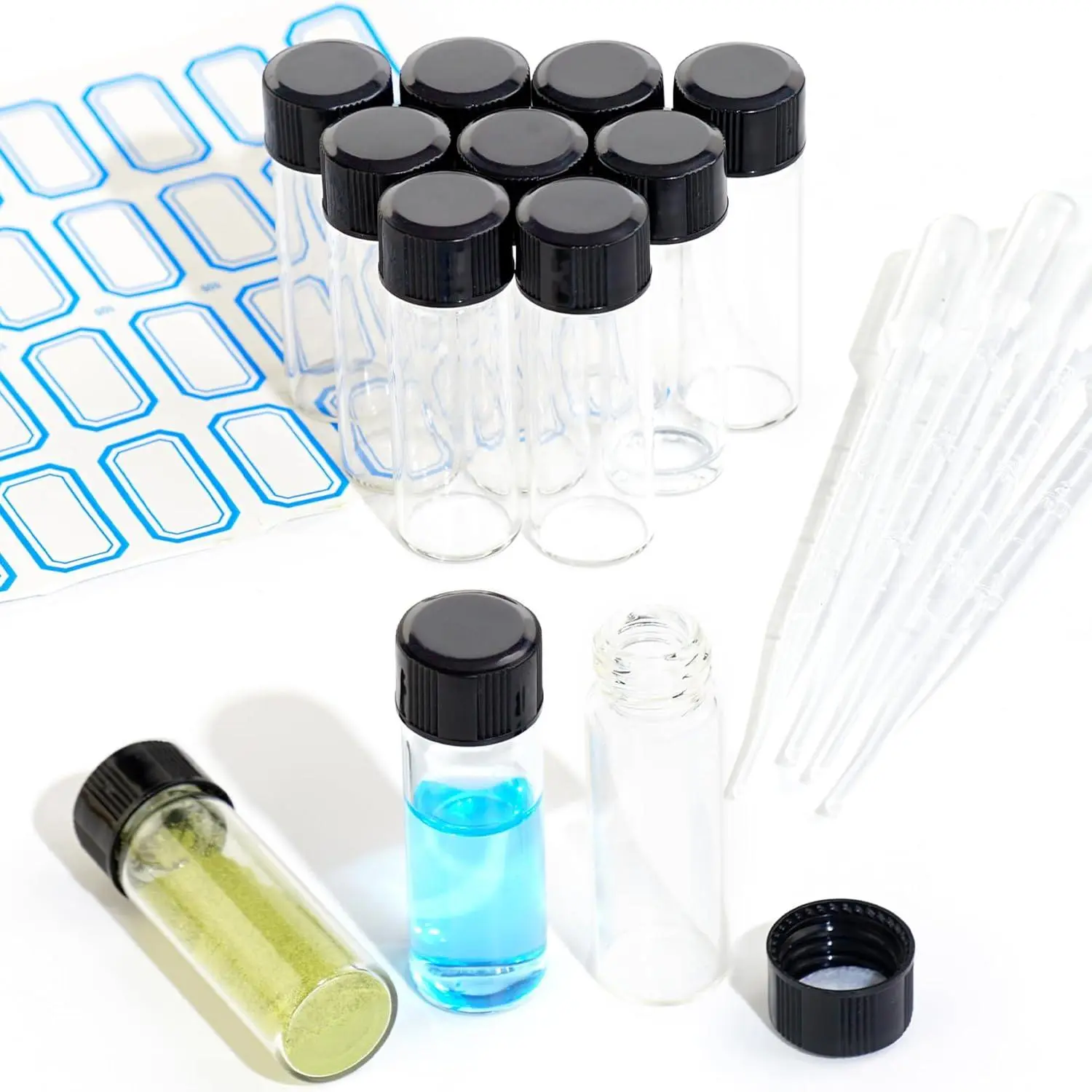 10 count 4ml Clear Glass Vials with Screw Caps and PE pad, 1 Dram Small Lab Sample Vials with Lids, Leak-Proof Liquid Storage Empty Vial (with Droppers and Marker Stickers)