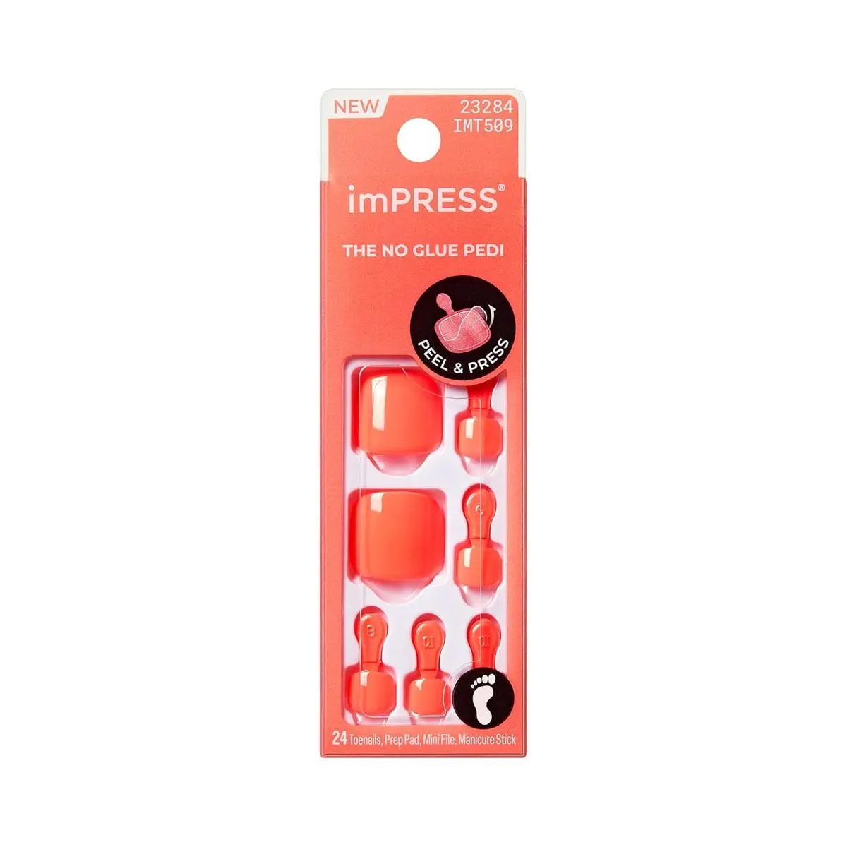 Kiss Impress No Glue Mani Press On Nails, Color, 'Pure Mood', Orange, Short Size, Squoval Shape, Includes 24 Toenails, Prep Pad, Instructions Sheet, 1 Manicure Stick, 1 Mini File