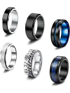 6 Pcs Spinner Ring Set for Men Women Stainless Steel Black Fidget Band Rings Cool Chain Wave Cross Spinner Band Rings Style 3 Size 12 Stacking Rings
