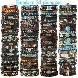 24pcs Vintage Western Style Turquoise Bracelet, Multi-Layer Woven Pu Feather Ornaments, Wooden Bead Alloy Bracelet, Daily Wear Gift for Party